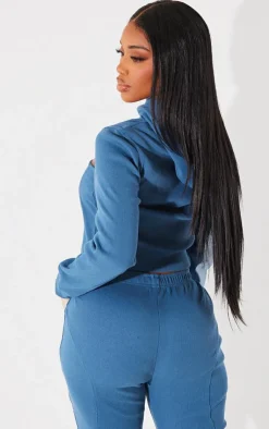 Outlet PrettyLittleThing Shape Rib Cut Out Front Hoodie Washed Blue