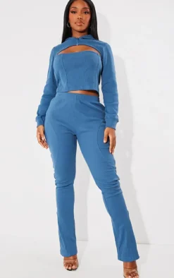 Outlet PrettyLittleThing Shape Rib Cut Out Front Hoodie Washed Blue