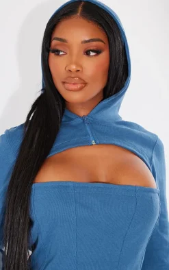 Outlet PrettyLittleThing Shape Rib Cut Out Front Hoodie Washed Blue