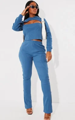Sale PrettyLittleThing Shape Rib Seam Detail Flare Pants Washed Blue