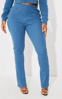 Sale PrettyLittleThing Shape Rib Seam Detail Flare Pants Washed Blue