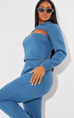Sale PrettyLittleThing Shape Rib Seam Detail Flare Pants Washed Blue