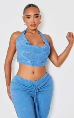 Online PrettyLittleThing Shape Ribbed Halterneck Cowl Crop Top Washed Blue