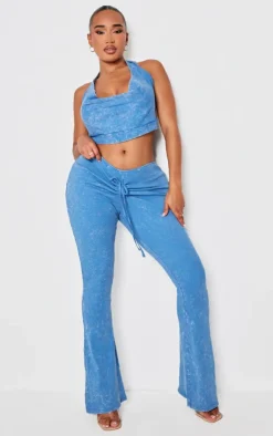 Online PrettyLittleThing Shape Ribbed Halterneck Cowl Crop Top Washed Blue