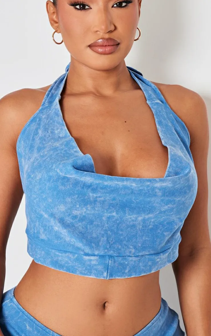 Online PrettyLittleThing Shape Ribbed Halterneck Cowl Crop Top Washed Blue