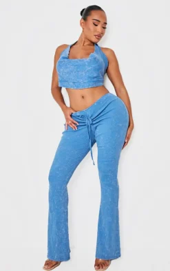 PrettyLittleThing Shape Washed Ribbed Ruched Front Flare Pants Washed Blue