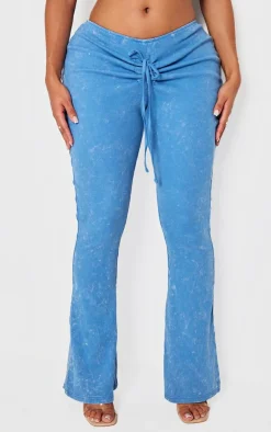 PrettyLittleThing Shape Washed Ribbed Ruched Front Flare Pants Washed Blue