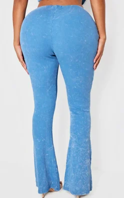 PrettyLittleThing Shape Washed Ribbed Ruched Front Flare Pants Washed Blue