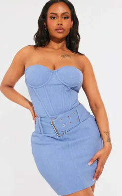 Discount PrettyLittleThing Shape Woven Boning Bandeau Corset Washed Blue