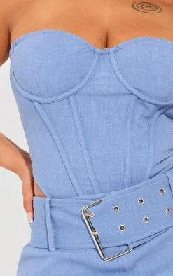 Discount PrettyLittleThing Shape Woven Boning Bandeau Corset Washed Blue
