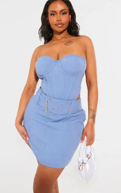 New PrettyLittleThing Shape Woven Buckle Detail Mini Skirt Washed Blue