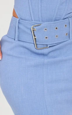 New PrettyLittleThing Shape Woven Buckle Detail Mini Skirt Washed Blue