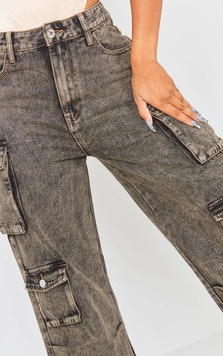 Shape Washed Brown Denim Pocket Detail Cargo Jeans