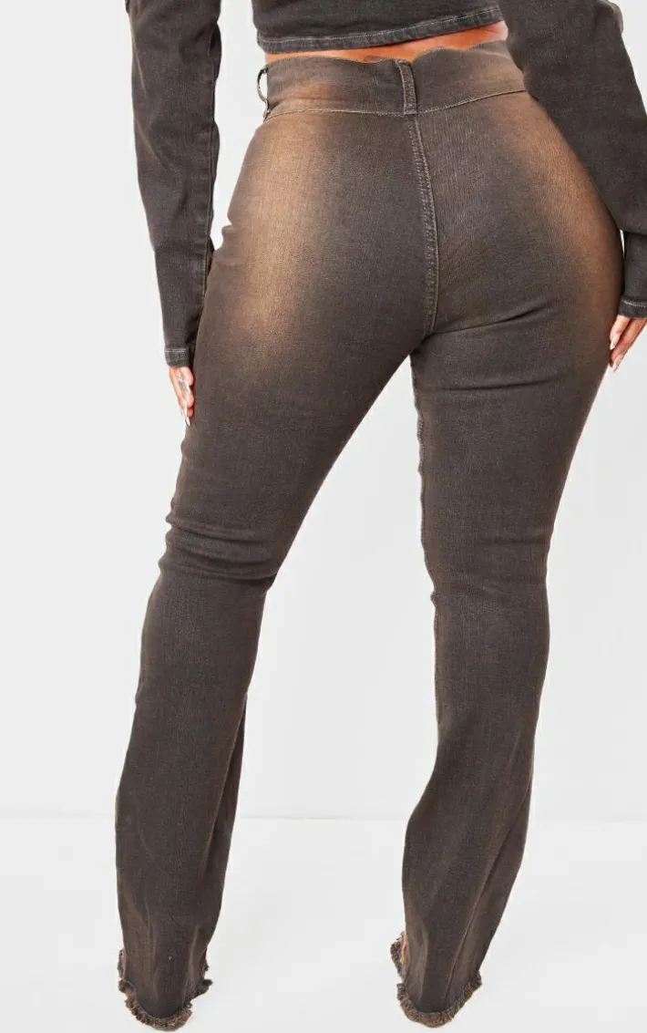 Shape Washed Brown Denim High Waisted Ripped Hem Jeans