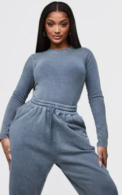 Sale PrettyLittleThing Shape Cotton Long Sleeve Crew Neck Bodysuit Washed Charcoal