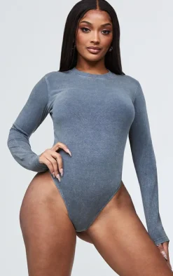 Sale PrettyLittleThing Shape Cotton Long Sleeve Crew Neck Bodysuit Washed Charcoal