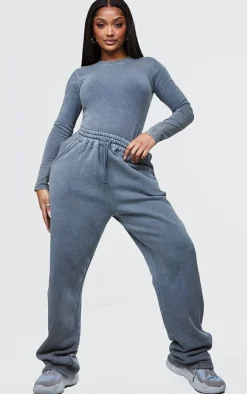 Sale PrettyLittleThing Shape Cotton Long Sleeve Crew Neck Bodysuit Washed Charcoal