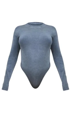 Sale PrettyLittleThing Shape Cotton Long Sleeve Crew Neck Bodysuit Washed Charcoal