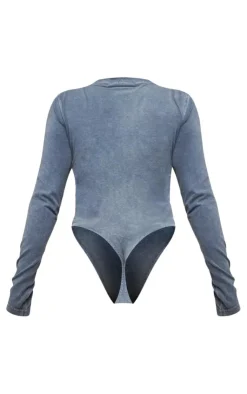 Sale PrettyLittleThing Shape Cotton Long Sleeve Crew Neck Bodysuit Washed Charcoal