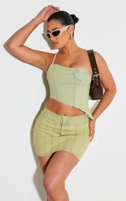 Hot PrettyLittleThing Shape Denim One Shoulder Asymmetric Seam Detail Crop Top Washed Green