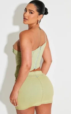 Hot PrettyLittleThing Shape Denim One Shoulder Asymmetric Seam Detail Crop Top Washed Green