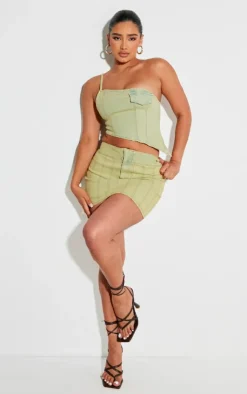 Hot PrettyLittleThing Shape Denim One Shoulder Asymmetric Seam Detail Crop Top Washed Green