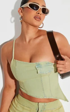 Hot PrettyLittleThing Shape Denim One Shoulder Asymmetric Seam Detail Crop Top Washed Green