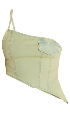 Hot PrettyLittleThing Shape Denim One Shoulder Asymmetric Seam Detail Crop Top Washed Green