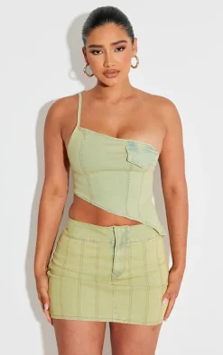 Clearance PrettyLittleThing Shape Denim Seam Detail Mini Skirt Washed Green