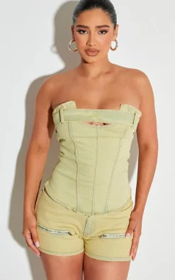 Hot PrettyLittleThing Shape Denim Belt Detail Hot Pants Washed Green