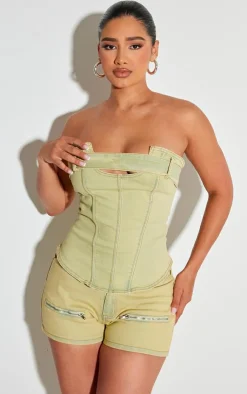 Outlet PrettyLittleThing Shape Denim Belt Detail Bandeau Crop Top Washed Green