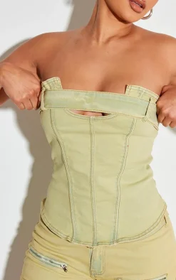 Outlet PrettyLittleThing Shape Denim Belt Detail Bandeau Crop Top Washed Green
