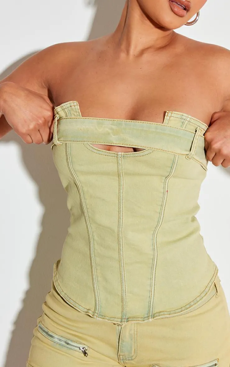 Outlet PrettyLittleThing Shape Denim Belt Detail Bandeau Crop Top Washed Green