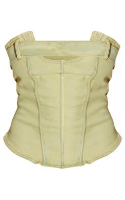 Outlet PrettyLittleThing Shape Denim Belt Detail Bandeau Crop Top Washed Green