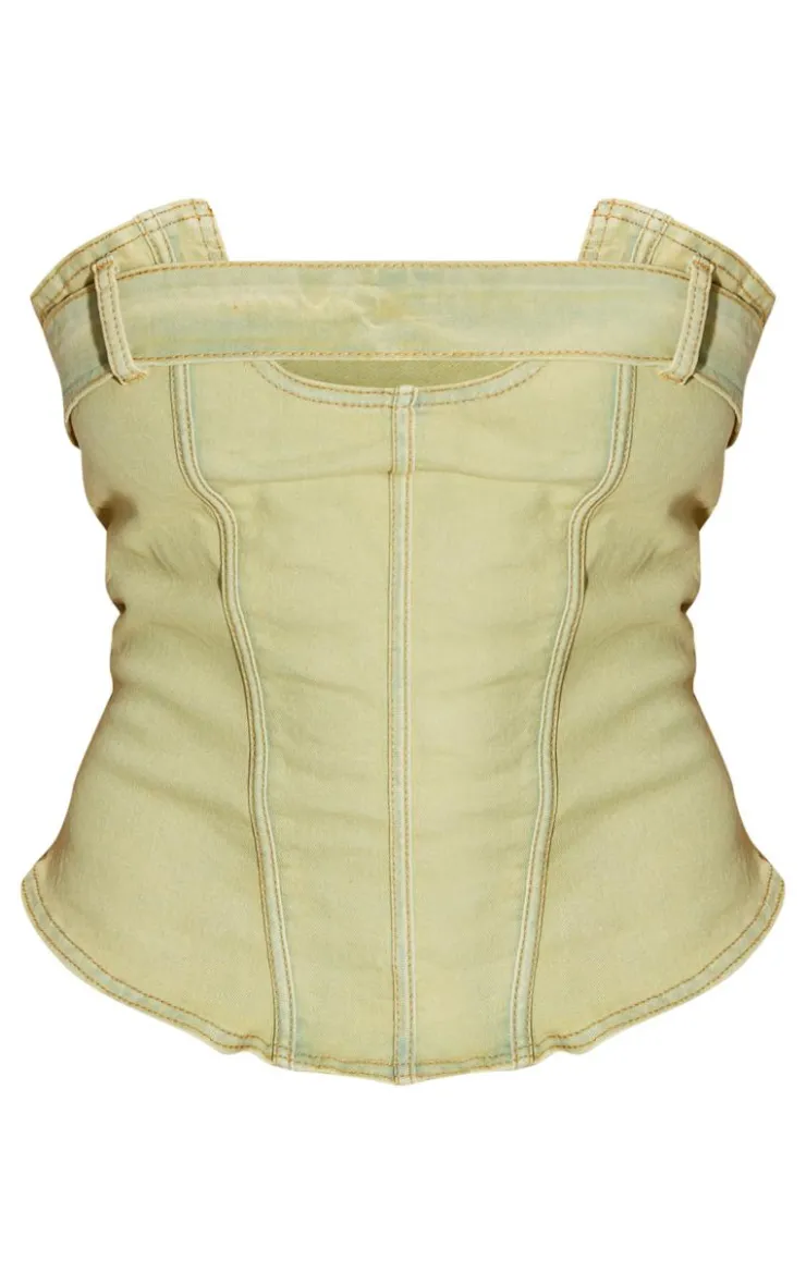 Outlet PrettyLittleThing Shape Denim Belt Detail Bandeau Crop Top Washed Green