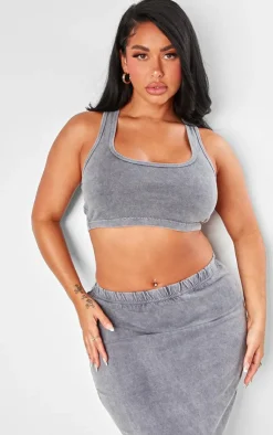 PrettyLittleThing Shape Racer Back Crop Top Washed Grey