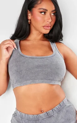 PrettyLittleThing Shape Racer Back Crop Top Washed Grey