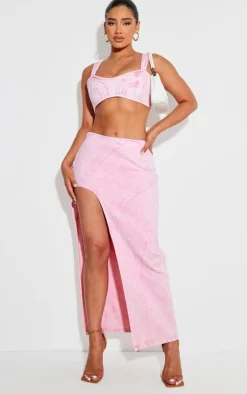 Clearance PrettyLittleThing Shape Denim Seam Detail High Split Maxi Skirt Washed Pink