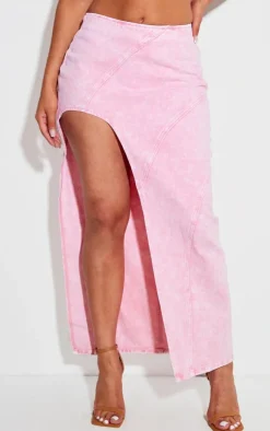 Clearance PrettyLittleThing Shape Denim Seam Detail High Split Maxi Skirt Washed Pink