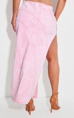 Clearance PrettyLittleThing Shape Denim Seam Detail High Split Maxi Skirt Washed Pink
