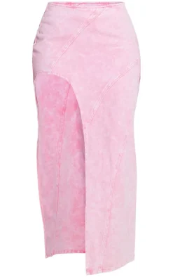 Clearance PrettyLittleThing Shape Denim Seam Detail High Split Maxi Skirt Washed Pink