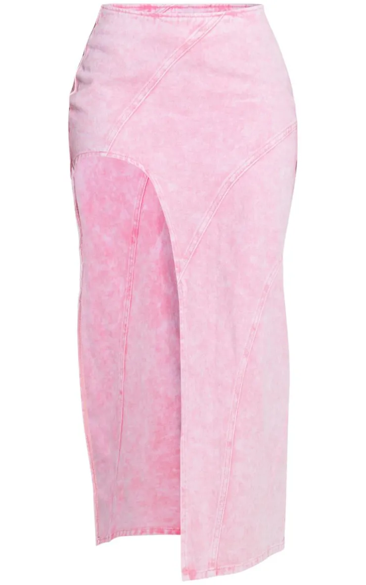 Clearance PrettyLittleThing Shape Denim Seam Detail High Split Maxi Skirt Washed Pink