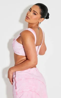 Hot PrettyLittleThing Shape Denim Seam Front Detail Bralet Washed Pink