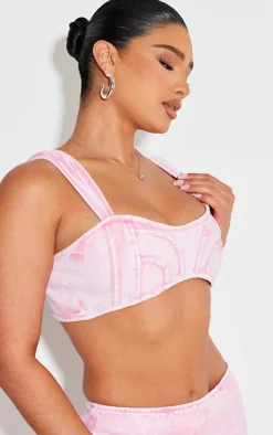 Hot PrettyLittleThing Shape Denim Seam Front Detail Bralet Washed Pink
