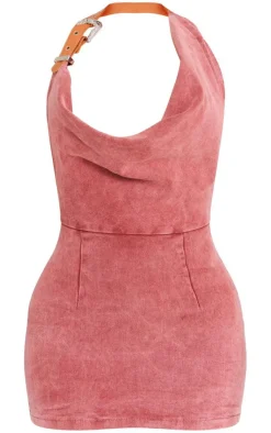 Shape Denim Buckle Halterneck Mini Dress-PrettyLittleThing Discount