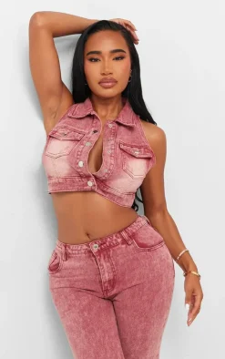 Outlet PrettyLittleThing Shape Denim Button Front Sleeveless Jacket Washed Red