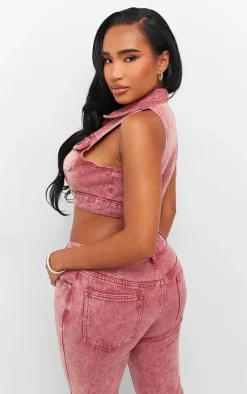 Outlet PrettyLittleThing Shape Denim Button Front Sleeveless Jacket Washed Red