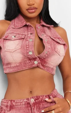 Outlet PrettyLittleThing Shape Denim Button Front Sleeveless Jacket Washed Red