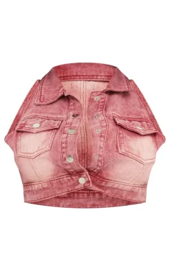 Outlet PrettyLittleThing Shape Denim Button Front Sleeveless Jacket Washed Red