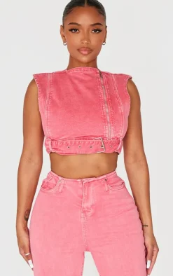 Discount PrettyLittleThing Shape Denim Cropped Zip Detail Sleeveless Jacket Washed Red